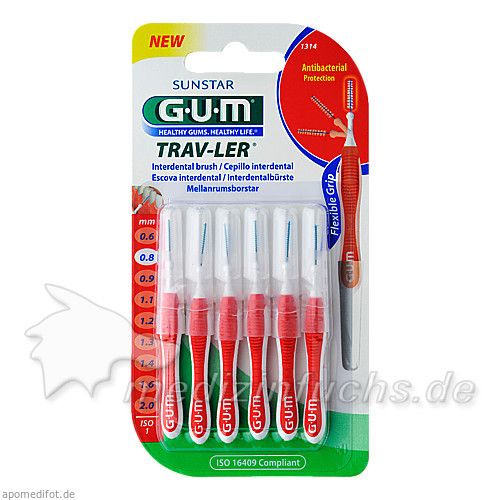 GUM TRAV-LER rot Kerze 0.8mm Interdental+6 Kappen, 6 ST